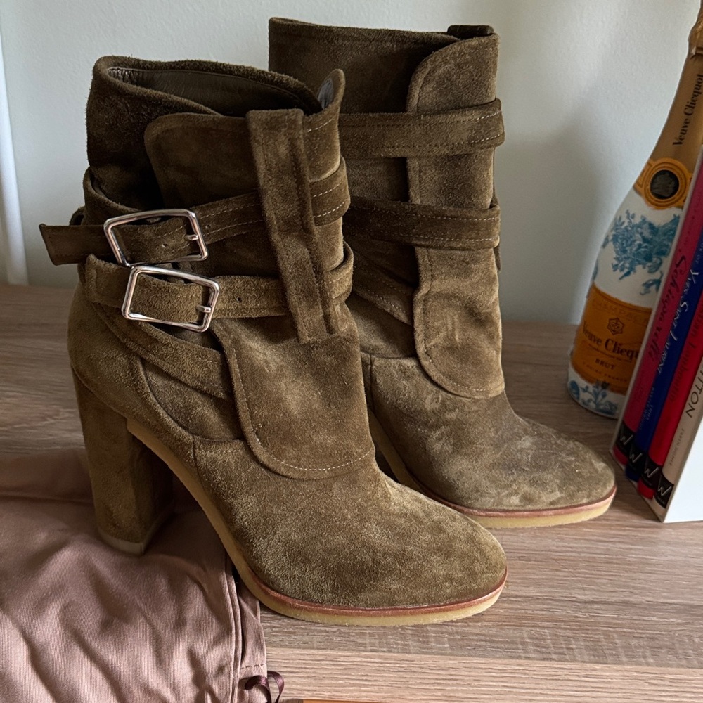 SOLD. Gianvito Rossi Olive Suede Heeled Boots